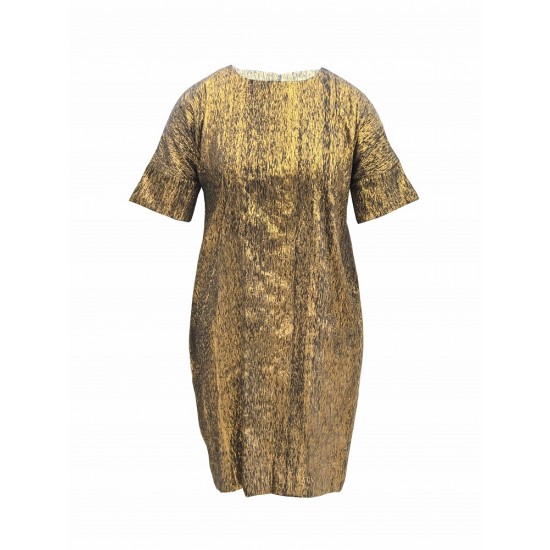 Gold shift dress with sleeve cuff detailing